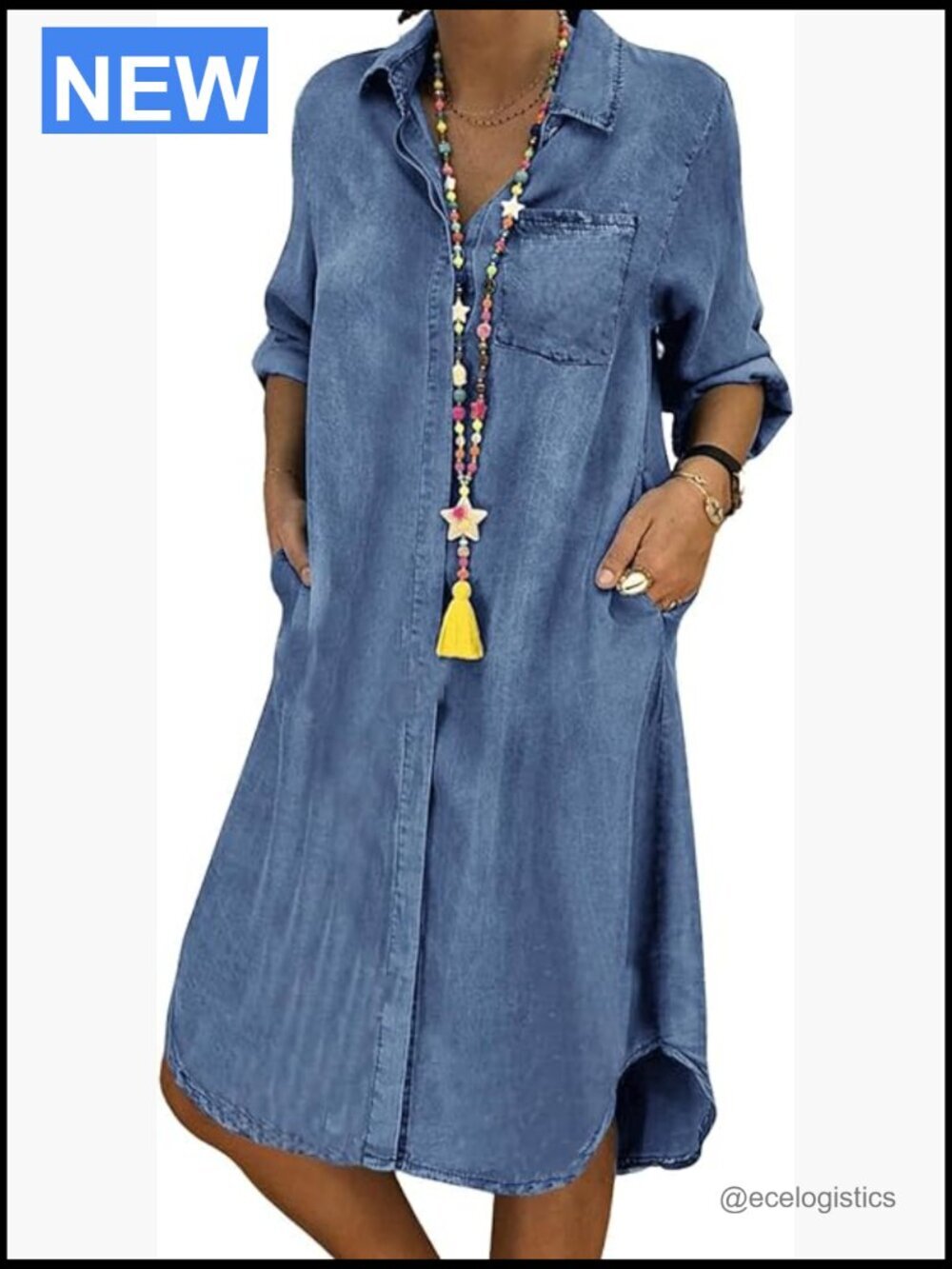 Casual Long Sleeve Button Down Jean Shirt Dress with Pockets Midi Swing